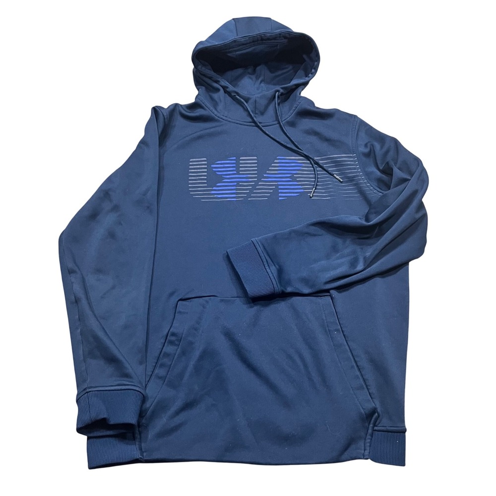 Under Armour ColdGear Mens Navy Blue Graphic Logo Hoodie Sweatshirt Medium Loose